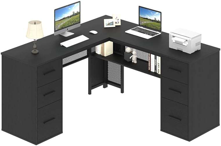 HSH Black L Shaped Desk with File Drawers Shelves, Reversible Corner Metal Wood Computer Desk with Storage Cabinet, Modern Large Executive Work Writing Study Table for Home Office Bedroom, 59 Inch - Image 9