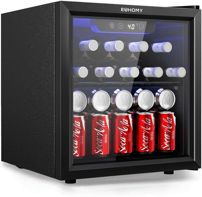 EUHOMY 48 Can Beverage Refrigerator cooler-Mini Fridge Glass Door for Beer Drinks Wines, Countertop Beverage Fridge with Adjustable Shelves Blue LED for Home/Office/Dorm/Bar, 1.3 cu.ft - Image 1