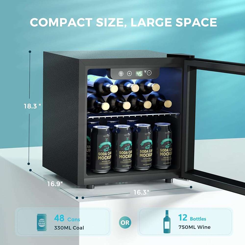 EUHOMY 48 Can Beverage Refrigerator cooler-Mini Fridge Glass Door for Beer Drinks Wines, Countertop Beverage Fridge with Adjustable Shelves Blue LED for Home/Office/Dorm/Bar, 1.3 cu.ft - Image 2