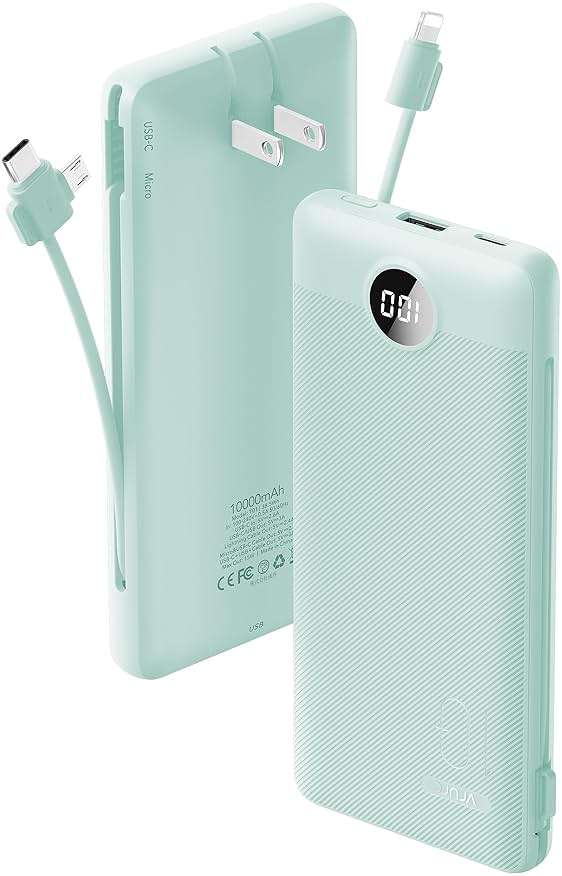 VRURC Portable Charger Built-in Cables and AC Wall Plug, USB C Power Bank 10000mAh, Travel Battery Portable Phone Charger Compact Lightweight External Battery Pack for Smart Phones, Tablets etc-Green - Image 1