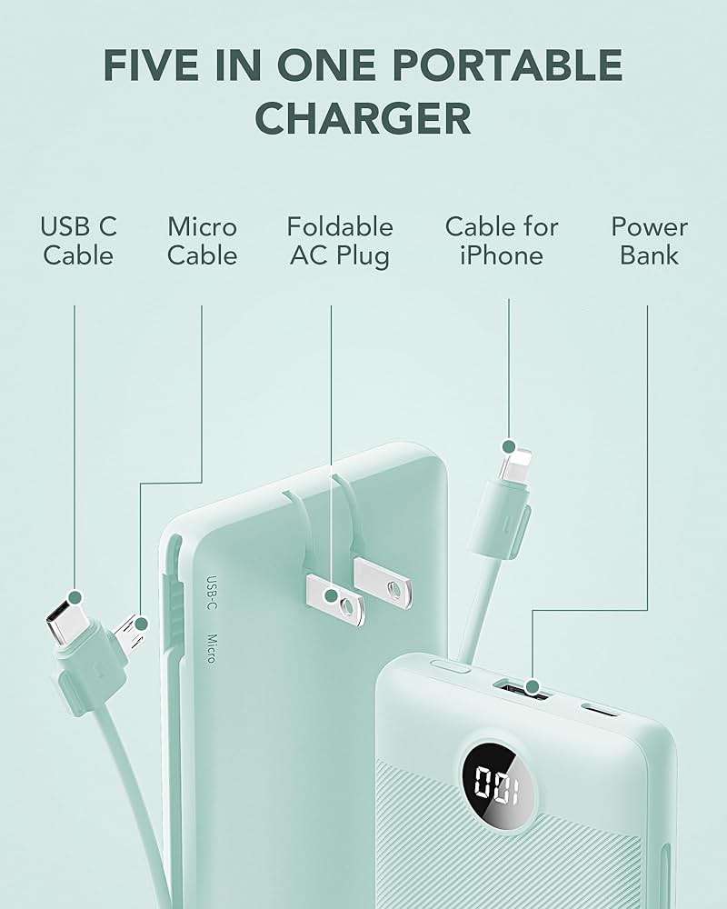 VRURC Portable Charger Built-in Cables and AC Wall Plug, USB C Power Bank 10000mAh, Travel Battery Portable Phone Charger Compact Lightweight External Battery Pack for Smart Phones, Tablets etc-Green - Image 3