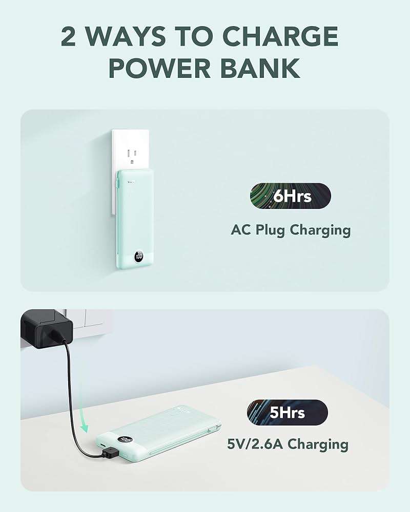 VRURC Portable Charger Built-in Cables and AC Wall Plug, USB C Power Bank 10000mAh, Travel Battery Portable Phone Charger Compact Lightweight External Battery Pack for Smart Phones, Tablets etc-Green - Image 5