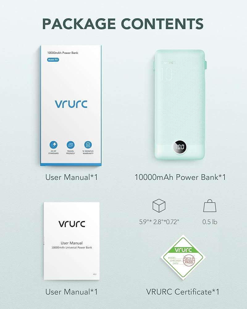 VRURC Portable Charger Built-in Cables and AC Wall Plug, USB C Power Bank 10000mAh, Travel Battery Portable Phone Charger Compact Lightweight External Battery Pack for Smart Phones, Tablets etc-Green - Image 8