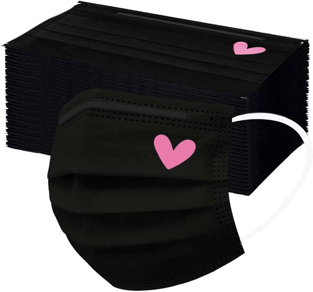 50Pcs Black Disposable Face Masks, Cute Pink Heart Printed Designs Masks for Adults Women 3-Layers (#05) - Image 1