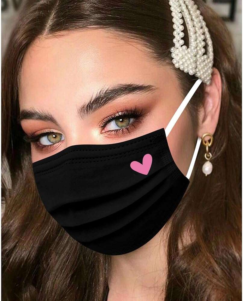 50Pcs Black Disposable Face Masks, Cute Pink Heart Printed Designs Masks for Adults Women 3-Layers (#05) - Image 2