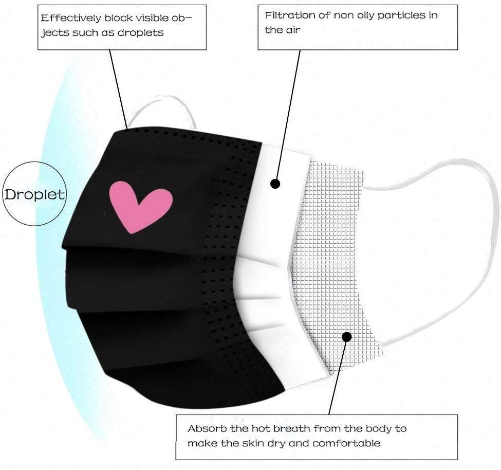 50Pcs Black Disposable Face Masks, Cute Pink Heart Printed Designs Masks for Adults Women 3-Layers (#05) - Image 4