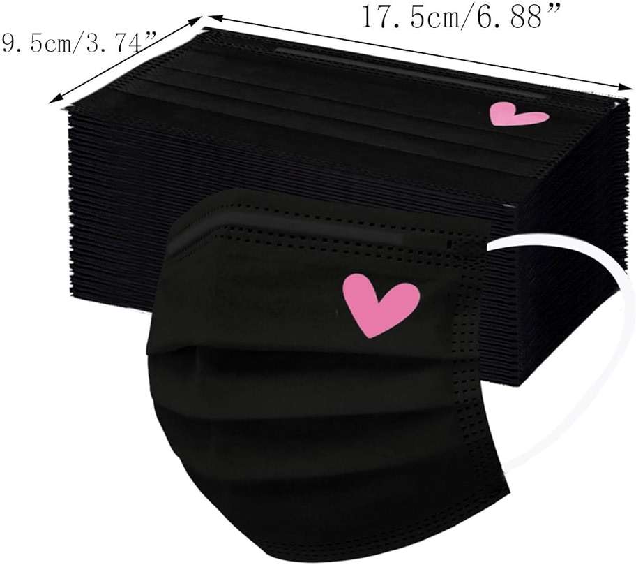 50Pcs Black Disposable Face Masks, Cute Pink Heart Printed Designs Masks for Adults Women 3-Layers (#05) - Image 5