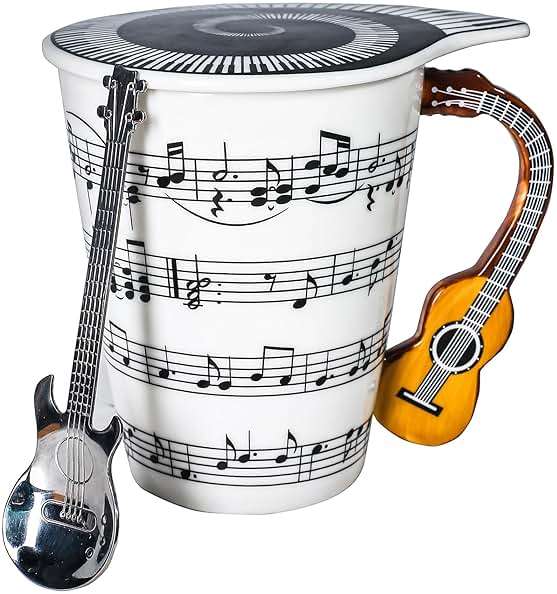 Guitar Novelty Mug Unique Musical Gift Coffee Cup with Cool Music Themed Lid & Guitar Handle Design & Guitar Spoon, Great Gifts for Music Teachers,&guitarLoversfor Holidays,Fathers Day,Men,Woman - Image 1