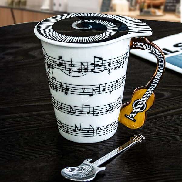 Guitar Novelty Mug Unique Musical Gift Coffee Cup with Cool Music Themed Lid & Guitar Handle Design & Guitar Spoon, Great Gifts for Music Teachers,&guitarLoversfor Holidays,Fathers Day,Men,Woman - Image 2