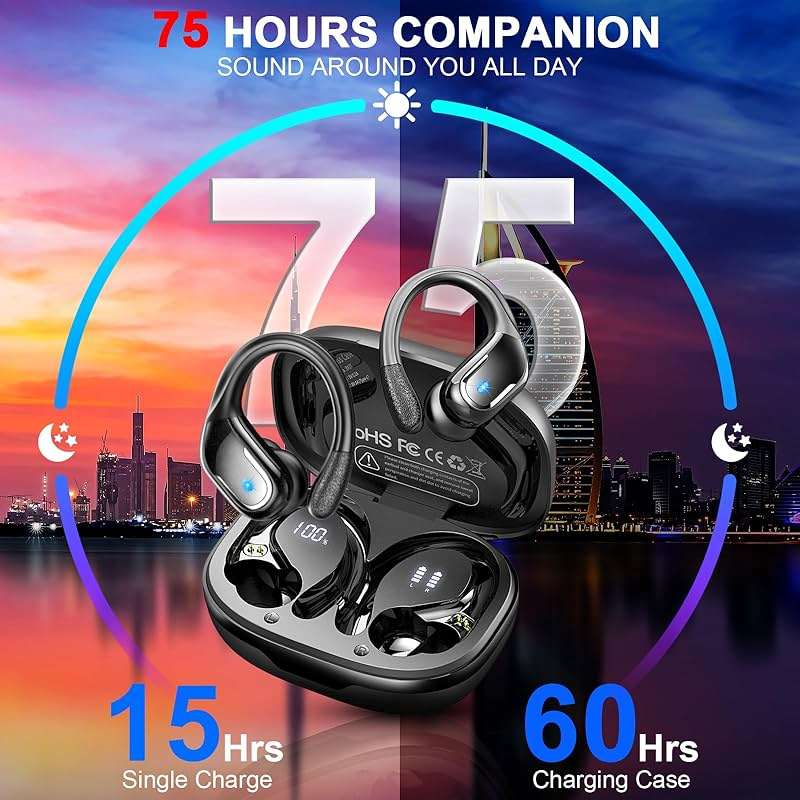 Wireless Earbud, 75Hrs Bluetooth 5.4 Headphones IP7 Waterproof for Sport, Running Wireless Earphones with ENC Noise Cancelling Mics, Deep Bass Over Ear bud with Earhooks for Android, iOS, Workout, Gym - Image 2
