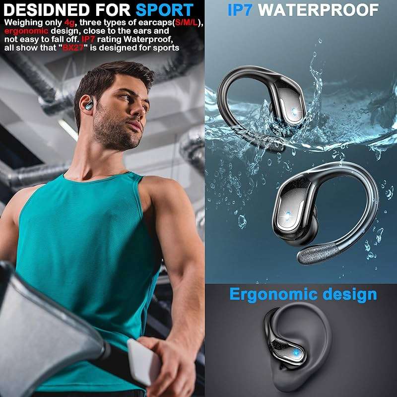Wireless Earbud, 75Hrs Bluetooth 5.4 Headphones IP7 Waterproof for Sport, Running Wireless Earphones with ENC Noise Cancelling Mics, Deep Bass Over Ear bud with Earhooks for Android, iOS, Workout, Gym - Image 4