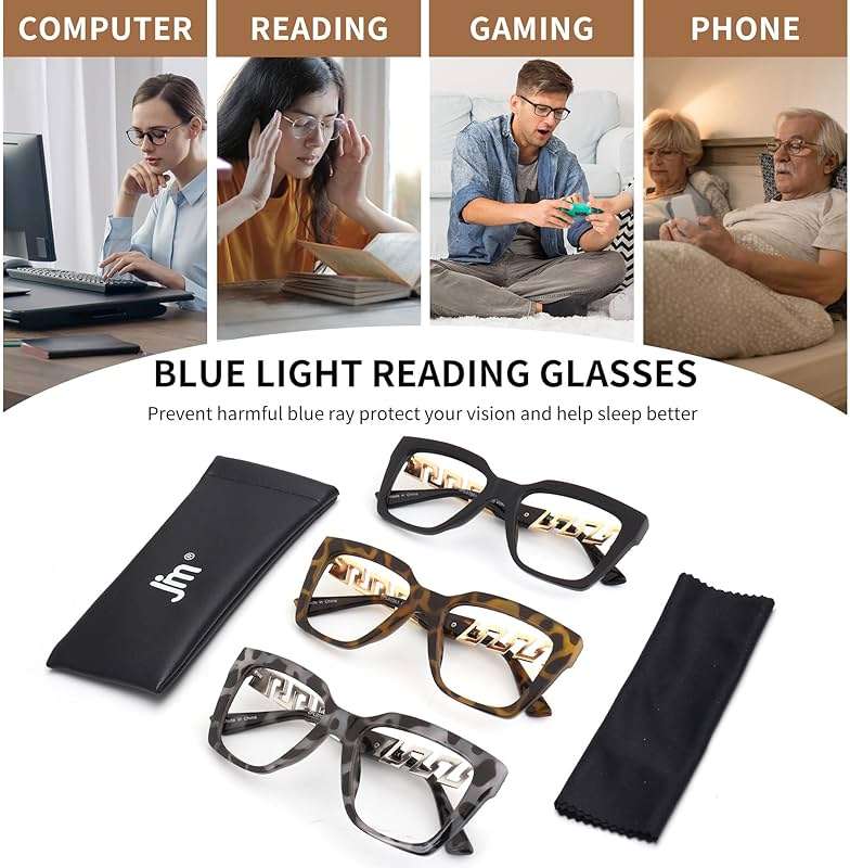 JM 3 Pack Reading Glasses for Women, Oversized Fashion Blue Light Blocking Computer Readers - Image 8