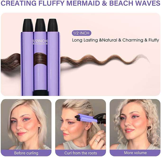 Mini Hair Crimper, janelove 1/2 Inch Beach Waves Curling Iron, Hair Waver for Short & Medium with 3 Ceramic Barrels, Home and Travel Friendly Crimper Hair Tool, Dual Voltage, 392℉ Fast Heating - Image 3