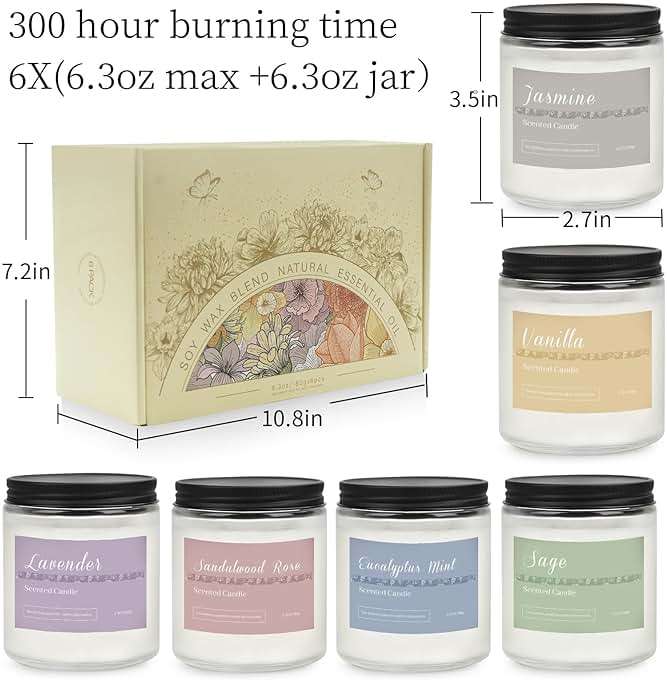 Scented Candles Gift Set, Long Lasting 6 Pack Aromatherapy Candles for Home, 42 oz 300 Hour Burn, Lavender Jasmine Vanilla Sage Sandalwood Rose Eucalyptus Mint, Gifts for Women - Image 8