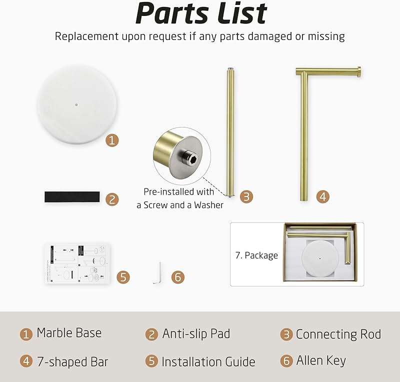 KES Extra High Gold Toilet Paper Holder Freestanding 26", Toilet Paper Holder Stand with Natural Marble Base, Floor Free StandingToilet Paper Holder 18/8 Stainless Steel Brushed Gold, BPH284S66-BZ - Image 9