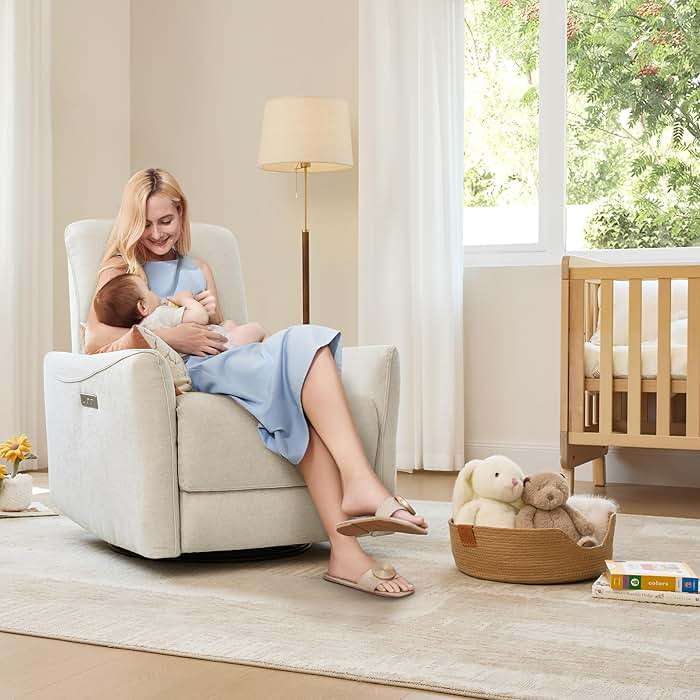 CHITA Power Recliner Chair Swivel Glider, FSC Certified Upholstered Living Room Nursery Reclining Sofa Chair with Lumbar Support, Linen - Image 2