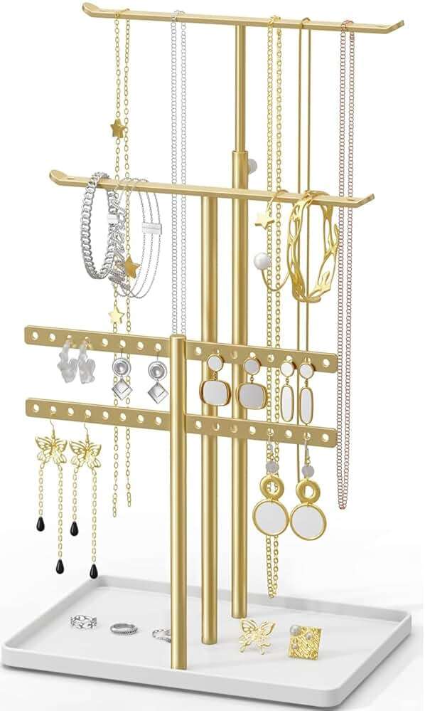 susswiff Jewelry Holder Organizer Stand - Adjustable Jewelry Tree 17.5" Height (Max), Jewlery Hanger for Necklaces, Bracelets, Earrings, Aesthetic for Storage and Display, Metal, Gold and White - Image 1
