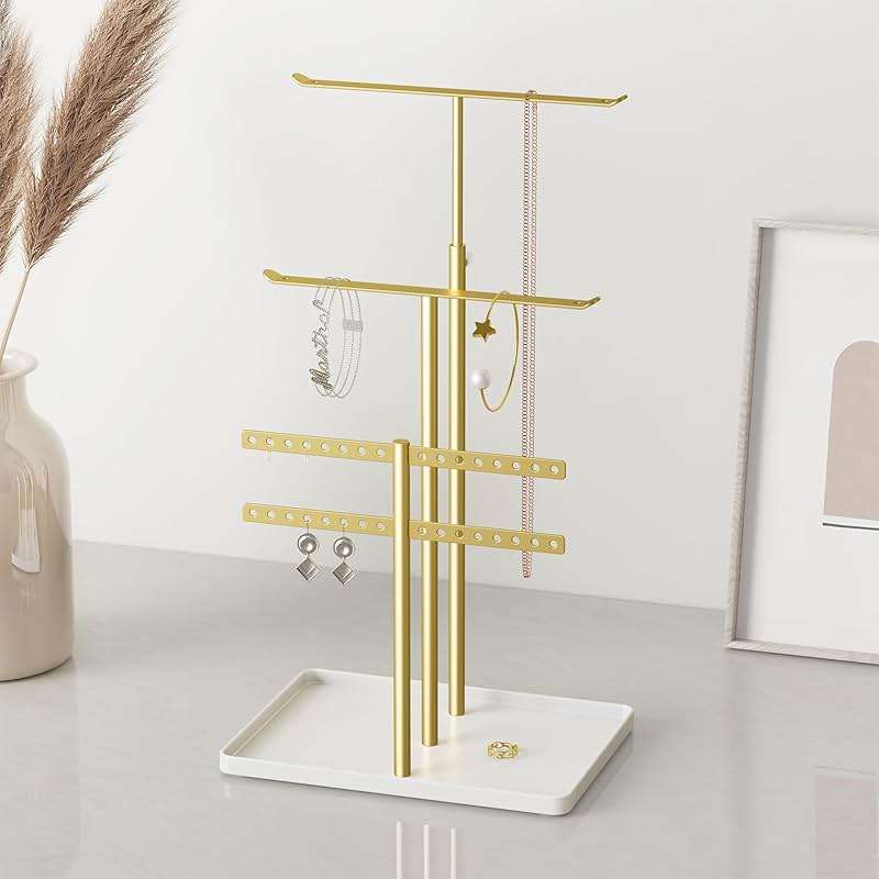 susswiff Jewelry Holder Organizer Stand - Adjustable Jewelry Tree 17.5" Height (Max), Jewlery Hanger for Necklaces, Bracelets, Earrings, Aesthetic for Storage and Display, Metal, Gold and White - Image 2