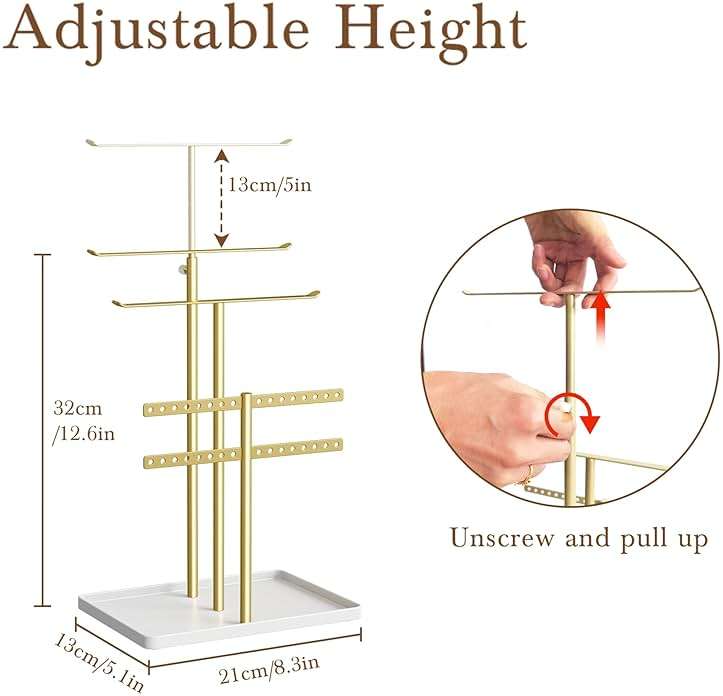 susswiff Jewelry Holder Organizer Stand - Adjustable Jewelry Tree 17.5" Height (Max), Jewlery Hanger for Necklaces, Bracelets, Earrings, Aesthetic for Storage and Display, Metal, Gold and White - Image 3