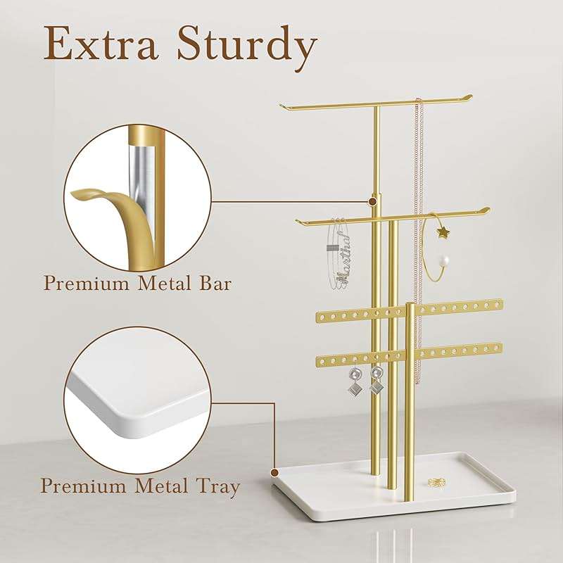 susswiff Jewelry Holder Organizer Stand - Adjustable Jewelry Tree 17.5" Height (Max), Jewlery Hanger for Necklaces, Bracelets, Earrings, Aesthetic for Storage and Display, Metal, Gold and White - Image 4