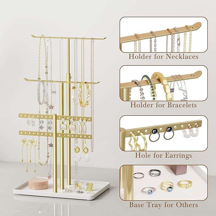 susswiff Jewelry Holder Organizer Stand - Adjustable Jewelry Tree 17.5" Height (Max), Jewlery Hanger for Necklaces, Bracelets, Earrings, Aesthetic for Storage and Display, Metal, Gold and White - Image 5