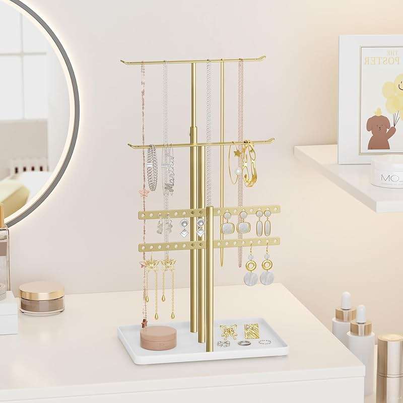 susswiff Jewelry Holder Organizer Stand - Adjustable Jewelry Tree 17.5" Height (Max), Jewlery Hanger for Necklaces, Bracelets, Earrings, Aesthetic for Storage and Display, Metal, Gold and White - Image 6