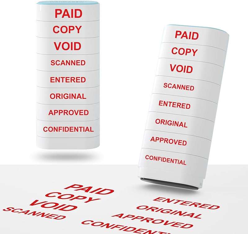 8-in-1 Office Stamps - Self-Inking Office Stamp Set for Paid, Copy, Void, Scanned, Entered, Original, Approved, and Confidential Stamps for Office Message Supplies - Red Ink (Office Stamps) - Image 1