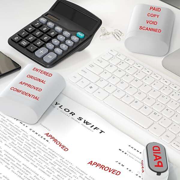 8-in-1 Office Stamps - Self-Inking Office Stamp Set for Paid, Copy, Void, Scanned, Entered, Original, Approved, and Confidential Stamps for Office Message Supplies - Red Ink (Office Stamps) - Image 2
