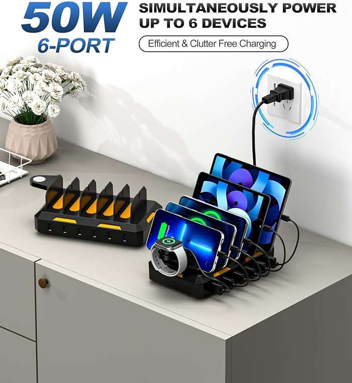 Charging Station for Multiple Devices, Honcila 6 in 1 Multi Charger Station Charging Dock for Cellphone Tablet iPhone iPad and More - 50W Charging Station Organizer with 6 Mixed Charging Cables - Image 2