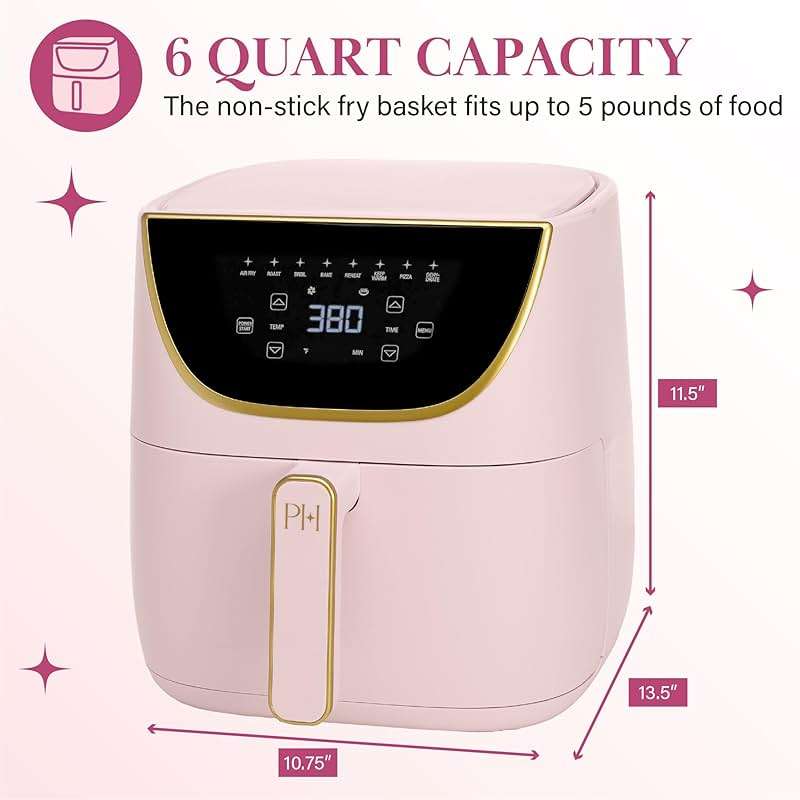 Paris Hilton 6-Quart Air Fryer, Nonstick Basket Made Without PFAS, Touchscreen, 8-in-1 (Fry, Roast, Broil, Bake, Reheat, Keep Warm, Pizza, Dehydrate), Dishwasher Safe Basket and Crisping Tray, Pink - Image 3