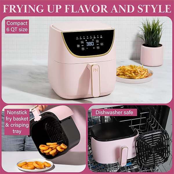 Paris Hilton 6-Quart Air Fryer, Nonstick Basket Made Without PFAS, Touchscreen, 8-in-1 (Fry, Roast, Broil, Bake, Reheat, Keep Warm, Pizza, Dehydrate), Dishwasher Safe Basket and Crisping Tray, Pink - Image 5