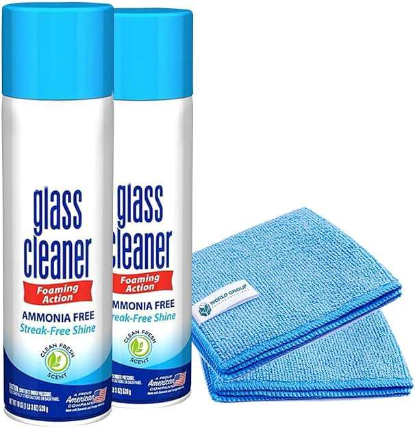 World Group Packing Solutions Glass Cleaner Foam, Foaming Action & Spray, 19oz - 2 Pack - Clean Fresh Scent - Bundled With 2 Microfiber Rags - Image 1