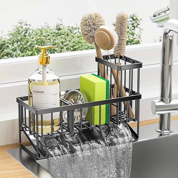 Cisily Sink Caddy Sponge Holder for Kitchen with Brush Holder and Stainless Steel Self Drain Tray, Rustproof Kitchen Sink Organizer for Sponge, Soap Dispenser Storage Accessories - Image 1