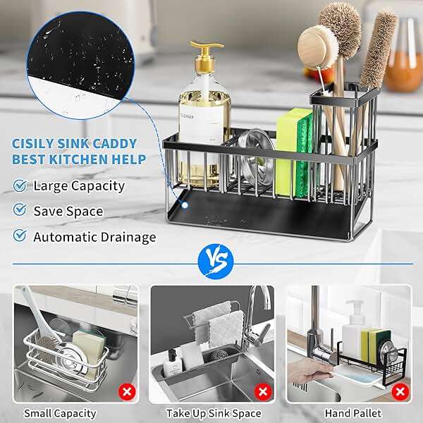 Cisily Sink Caddy Sponge Holder for Kitchen with Brush Holder and Stainless Steel Self Drain Tray, Rustproof Kitchen Sink Organizer for Sponge, Soap Dispenser Storage Accessories - Image 3
