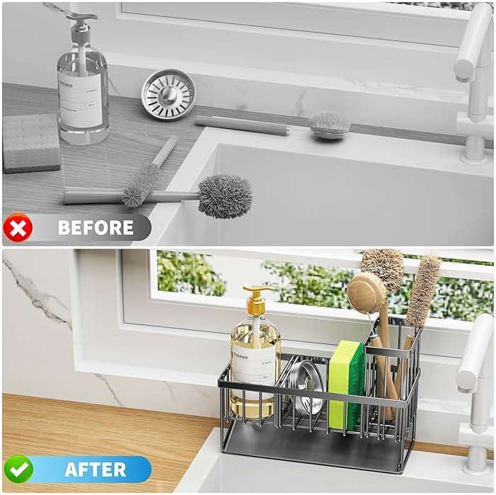Cisily Sink Caddy Sponge Holder for Kitchen with Brush Holder and Stainless Steel Self Drain Tray, Rustproof Kitchen Sink Organizer for Sponge, Soap Dispenser Storage Accessories - Image 6