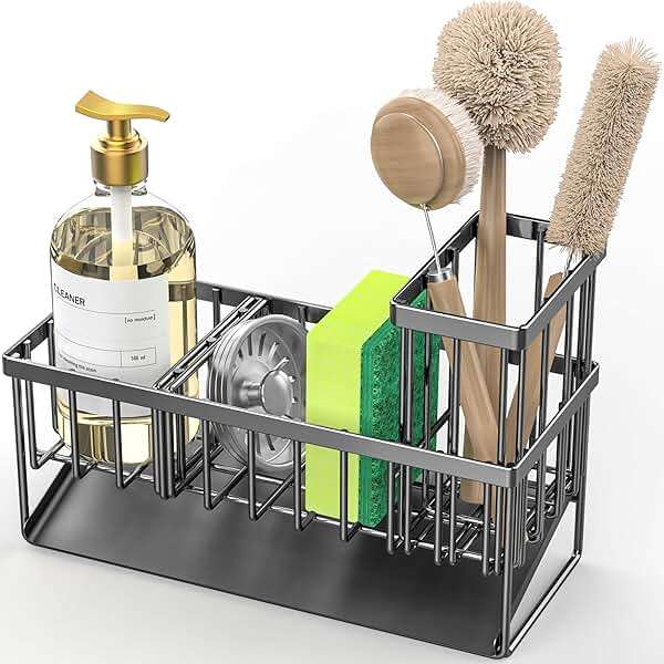 Cisily Sink Caddy Sponge Holder for Kitchen with Brush Holder and Stainless Steel Self Drain Tray, Rustproof Kitchen Sink Organizer for Sponge, Soap Dispenser Storage Accessories - Image 7