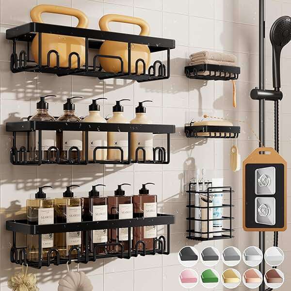 Veken Shower Caddy 6-Pack, Advanced Rustproof Design, No Drilling Adhesive Shelves, Rack with Soap Holder, Large Capacity Bathroom Organizers and Storage, Wall-Mounted Kitchen & Home Decor - Image 1