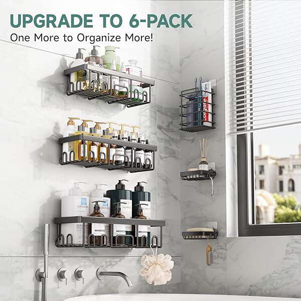 Veken Shower Caddy 6-Pack, Advanced Rustproof Design, No Drilling Adhesive Shelves, Rack with Soap Holder, Large Capacity Bathroom Organizers and Storage, Wall-Mounted Kitchen & Home Decor - Image 5