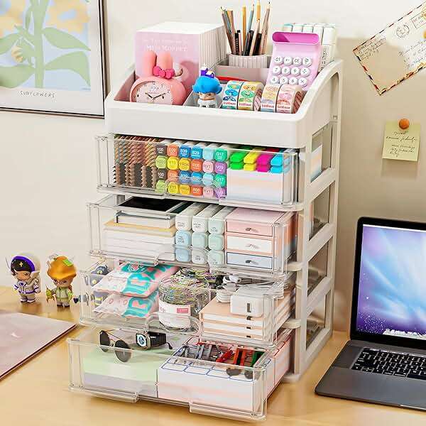 Desk Organizer with 4 Drawer Storage, Desktop Drawers Organizer for Office/School Supplies, Plastic Stationary Makeup Organizer, Desk Storage Box Organizer for Office, School, Bathroom - Image 2