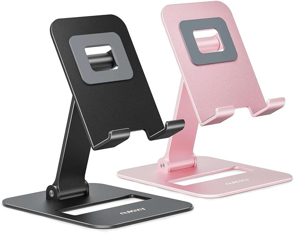 Nulaxy 2 Pack Dual Folding Cell Phone Stand, Fully Adjustable Phone Holder for Desk, Compatible with iPhone 17 16 15 14 13 12 11, Nintendo Switch, All Phones, Black & Rose Gold - Image 1