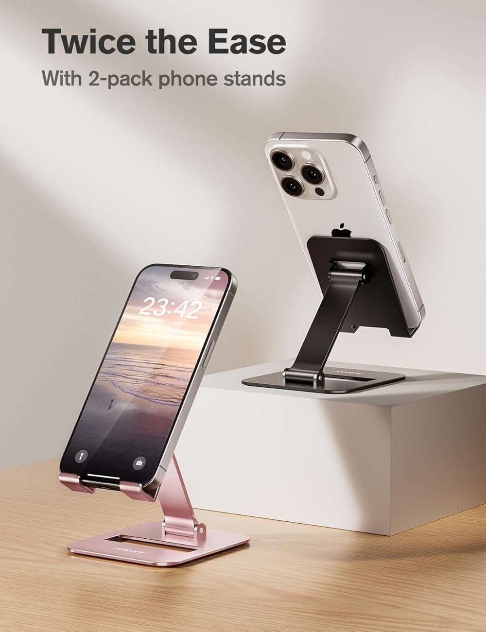 Nulaxy 2 Pack Dual Folding Cell Phone Stand, Fully Adjustable Phone Holder for Desk, Compatible with iPhone 17 16 15 14 13 12 11, Nintendo Switch, All Phones, Black & Rose Gold - Image 2