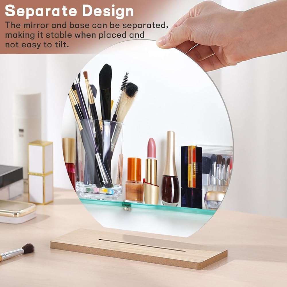 Irregular Aesthetic Vanity Mirror, Frameless Acrylic Decorative Desk Tabletop Mirror with Wooden Stand Funky Makeup Mirror for Living Room Bedroom and Minimal Spaces Home Decor (Round) - Image 5