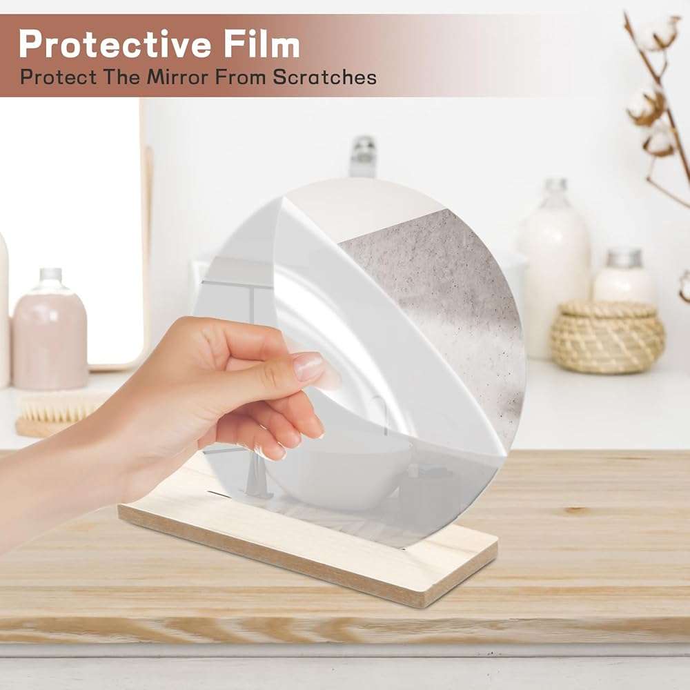 Irregular Aesthetic Vanity Mirror, Frameless Acrylic Decorative Desk Tabletop Mirror with Wooden Stand Funky Makeup Mirror for Living Room Bedroom and Minimal Spaces Home Decor (Round) - Image 7
