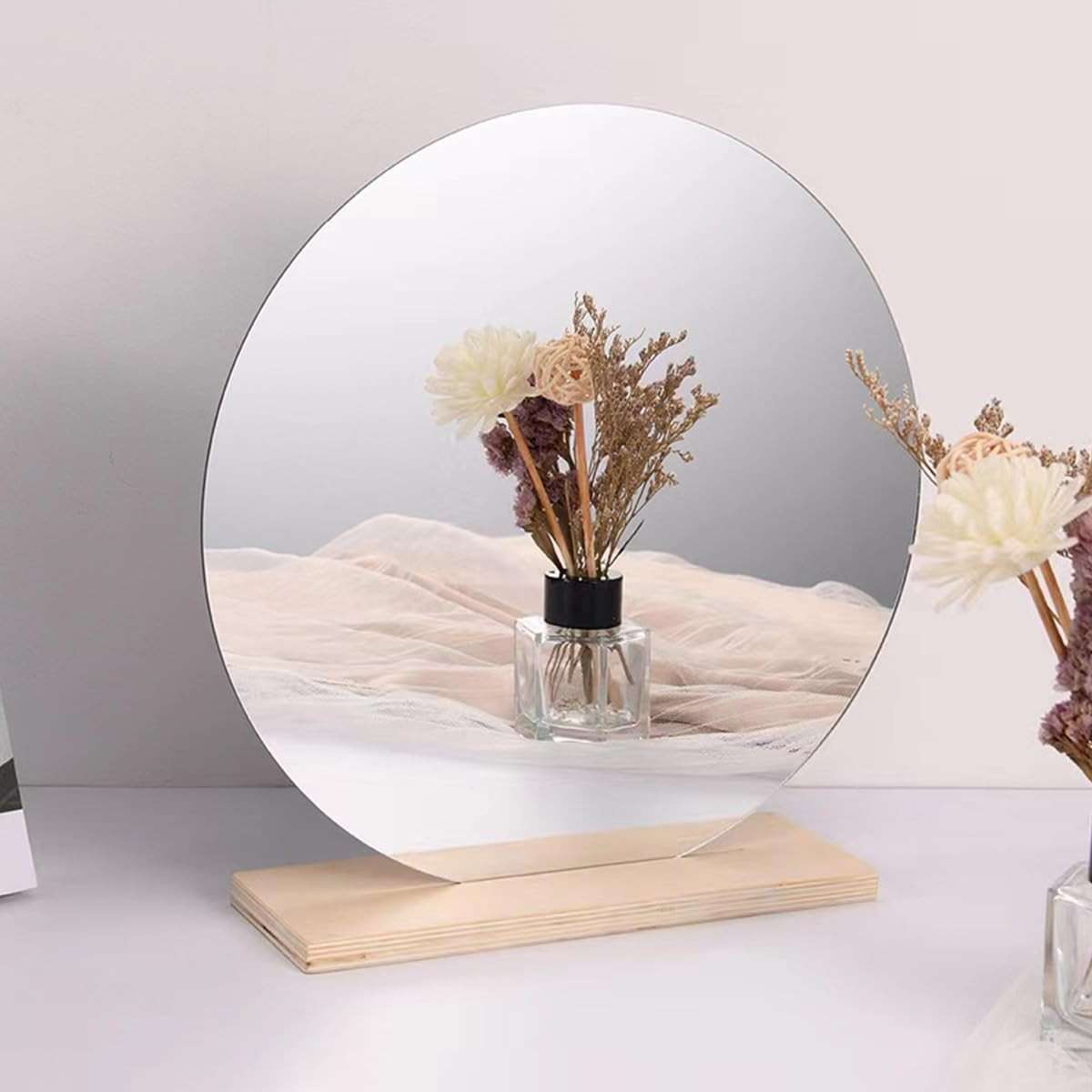 Irregular Aesthetic Vanity Mirror, Frameless Acrylic Decorative Desk Tabletop Mirror with Wooden Stand Funky Makeup Mirror for Living Room Bedroom and Minimal Spaces Home Decor (Round) - Image 9