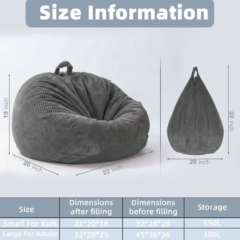 Stuffed Animal Storage Bean Bag Cover (No Filler), Corduroy Kids & Toddler Bean Bag Chair for Teens & Adults, Toy Storage Organizer, Comfy Sofa for Playroom (Dove Gray, Kids (Cover Only）) - Image 2