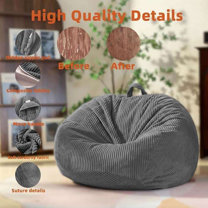 Stuffed Animal Storage Bean Bag Cover (No Filler), Corduroy Kids & Toddler Bean Bag Chair for Teens & Adults, Toy Storage Organizer, Comfy Sofa for Playroom (Dove Gray, Kids (Cover Only）) - Image 3