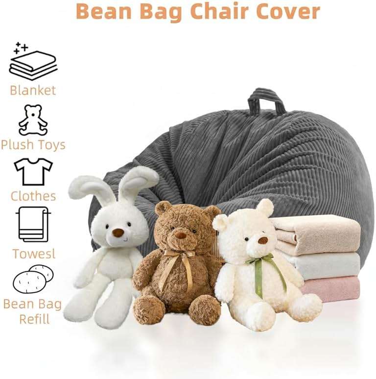 Stuffed Animal Storage Bean Bag Cover (No Filler), Corduroy Kids & Toddler Bean Bag Chair for Teens & Adults, Toy Storage Organizer, Comfy Sofa for Playroom (Dove Gray, Kids (Cover Only）) - Image 5