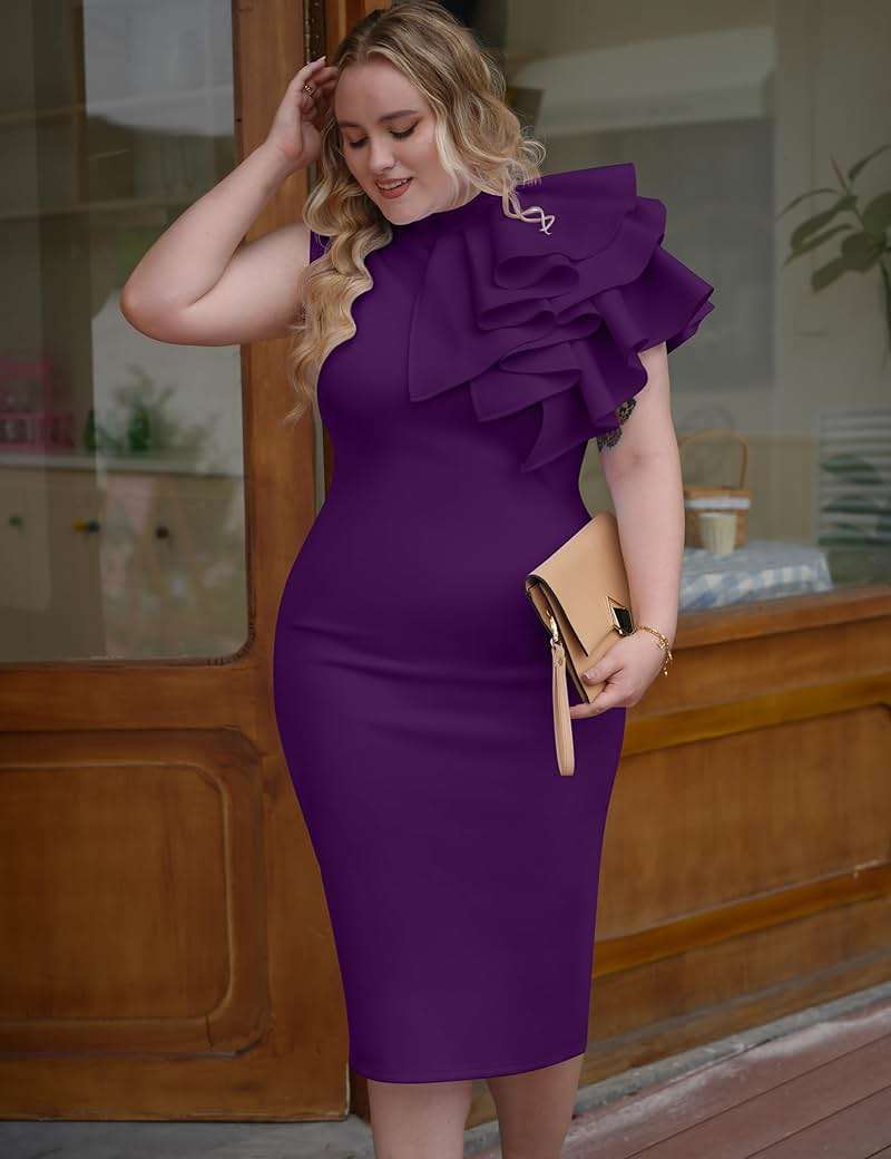 Memoriesea Women's Ruffle Sleeveless Bodycon Knee Length Party Pencil Midi Dress - Image 2