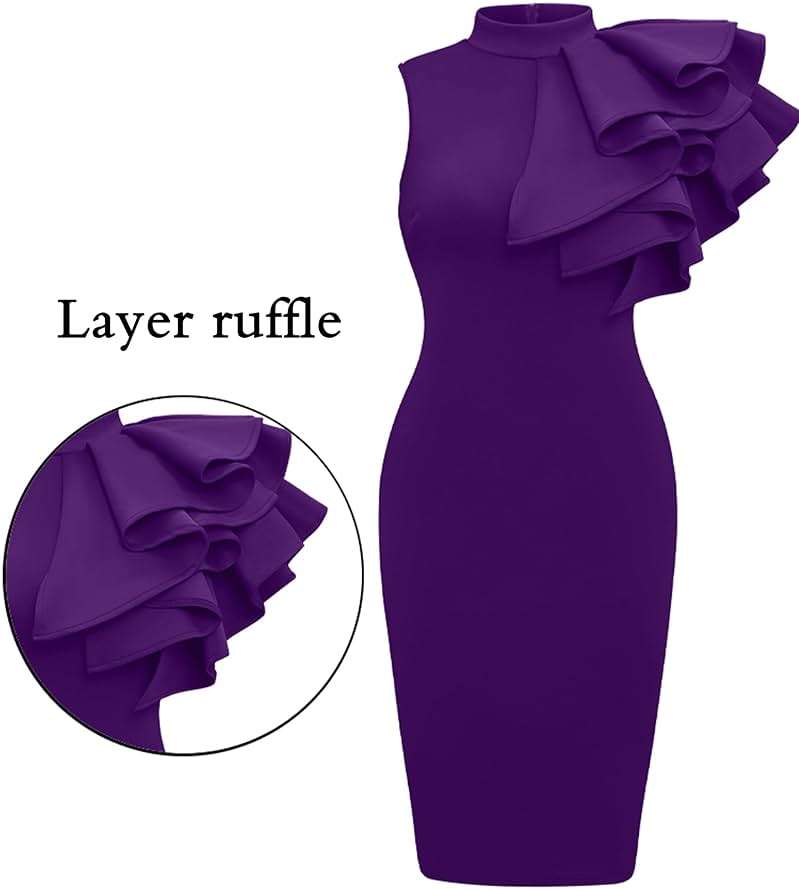 Memoriesea Women's Ruffle Sleeveless Bodycon Knee Length Party Pencil Midi Dress - Image 3