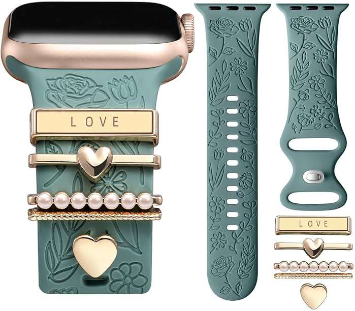 DaQin Flower Engraved Band Compatible with Apple Watch Bands for Women 40mm 38mm 41mm 42mm, Soft Silicone Strap With Dressy Decorative Apple Watch Charms for iWatch Series 11 10 9 8 7 6 5 4 3 2 1 SE - Image 1